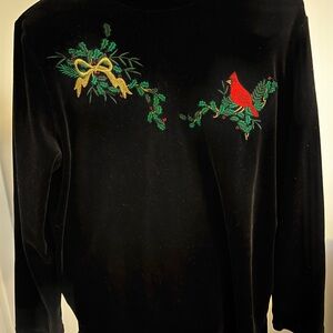 Vintage Christmas Black Velvet Sweater with Embroidered Cardinal and Bow